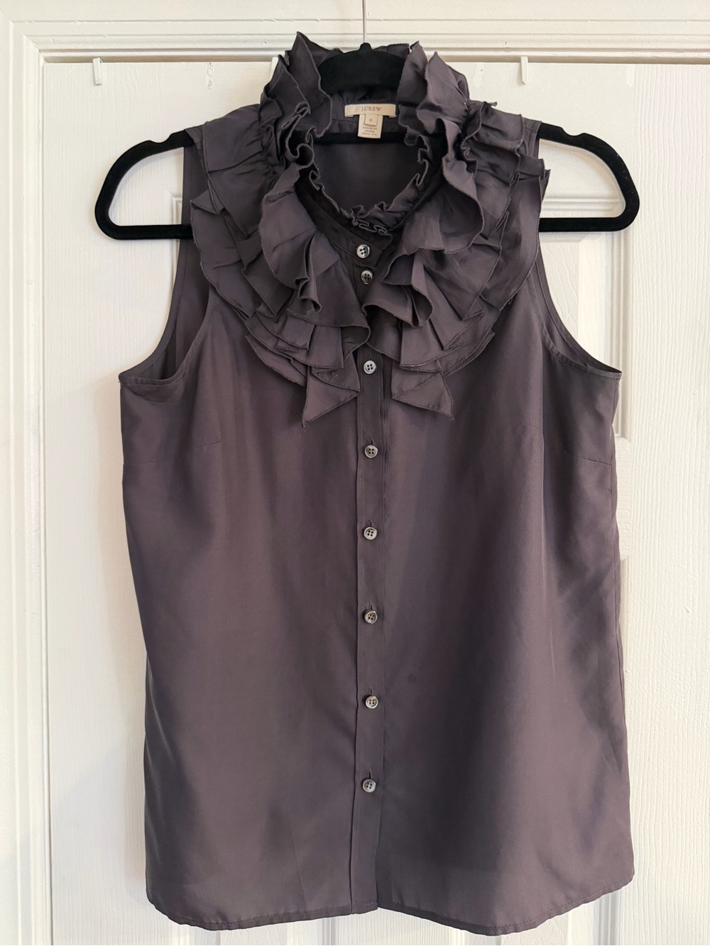 J Crew Womens 6 Black 100% Silk Ruffle Collar Blouse Sleeveless